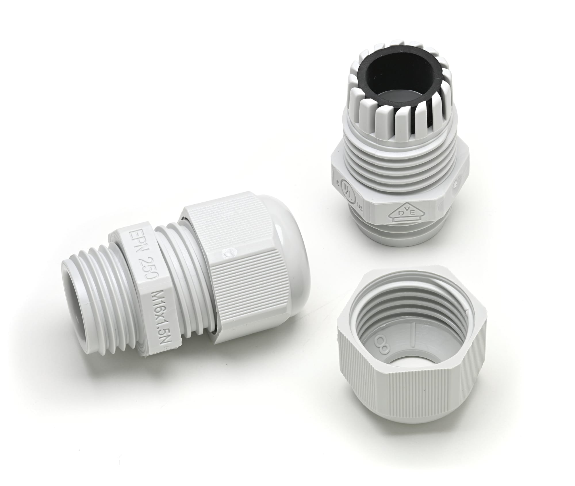 A single M16 polyamide cable gland against a white background, showing the compression nut and locknut.
