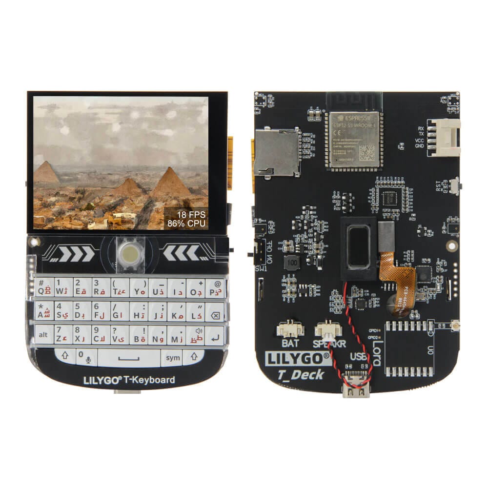 LILYGO T-Deck showing the QWERTY keyboard, touchscreen display, and handheld form factor.
