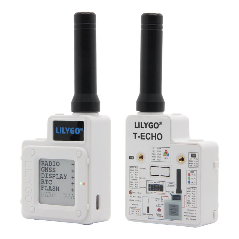 LILYGO T-Echo showing the e-ink display and compact finished enclosure.