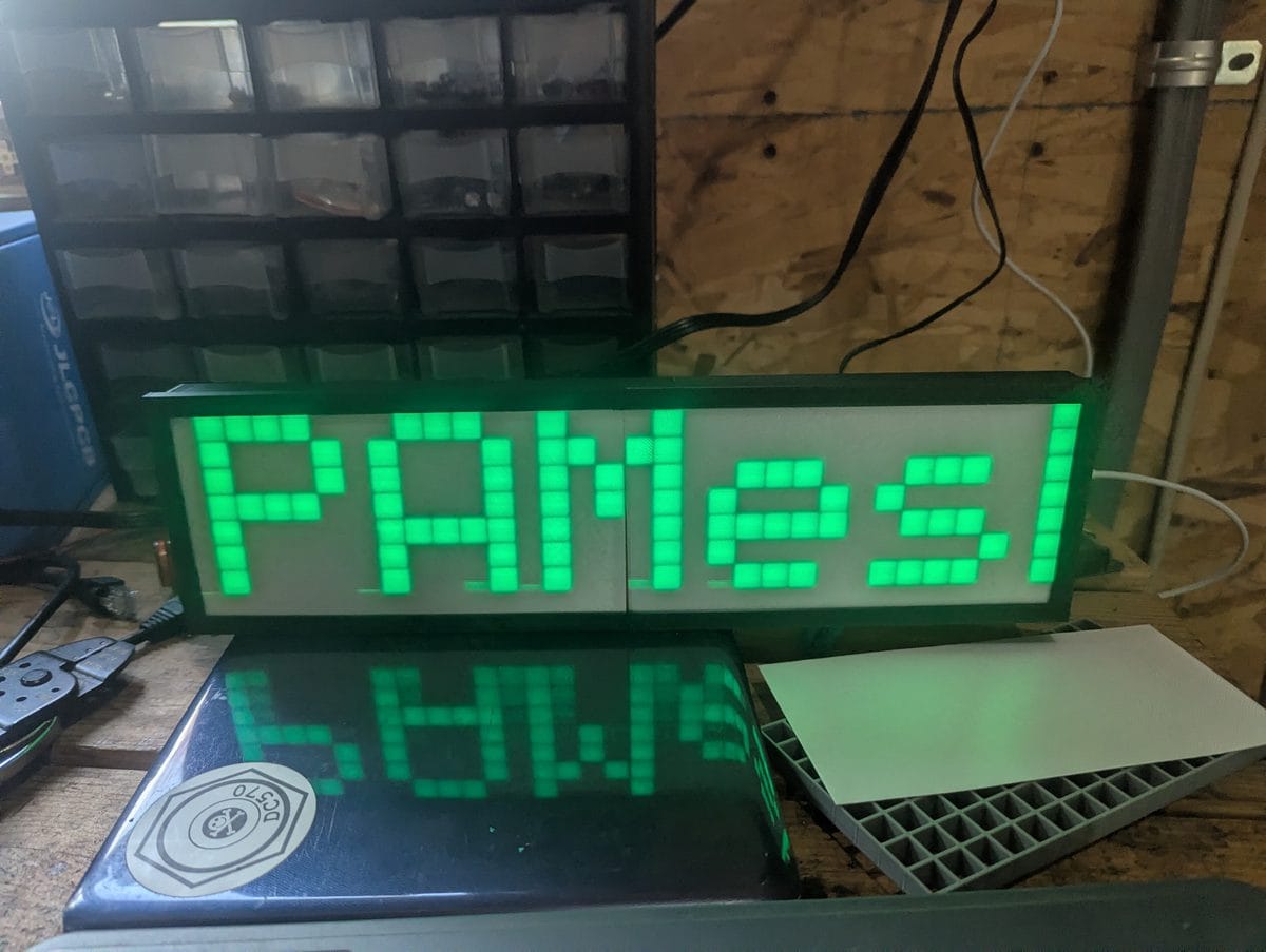 8x32 WS2812B LED matrix in 3D printed case scrolling NEPAMesh in green text