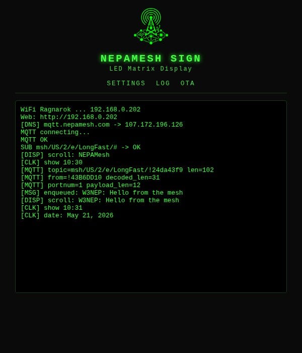 NEPAMesh matrix display log page showing live MQTT and clock debug output