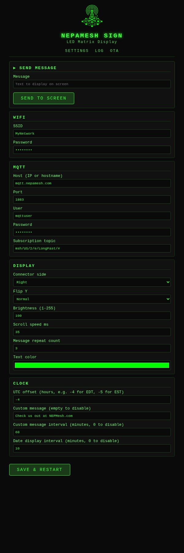 NEPAMesh matrix display settings page in browser showing WiFi, MQTT, display and clock configuration