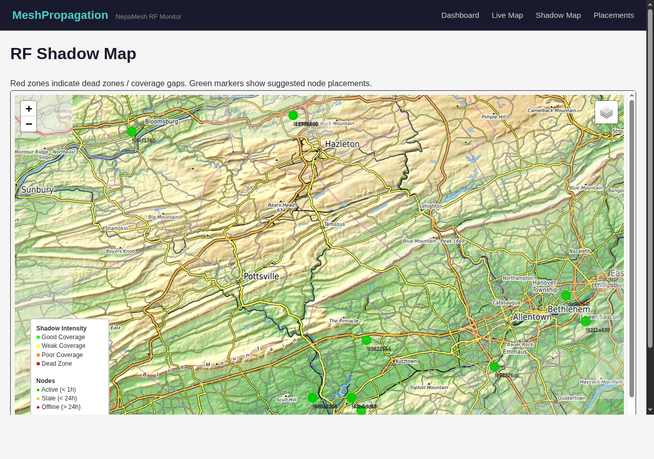 The NEPAMesh RF Shadow Map showing red dead zones in valleys and green coverage areas on ridge lines across Northeastern Pennsylvania.