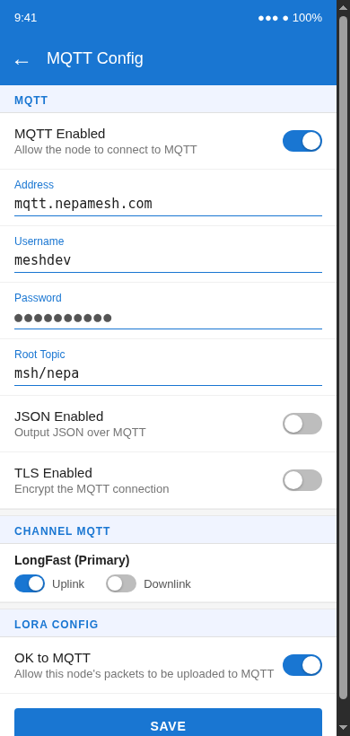Meshtastic MQTT settings showing NEPAMesh configuration: server mqtt.nepamesh.com, username meshdev, root topic msh/nepa, uplink on, downlink off, OK to MQTT on.