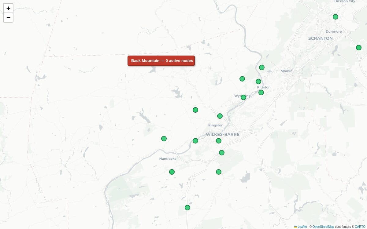 Zoomed map of Wyoming Valley and Back Mountain showing the active node cluster around Wilkes-Barre and Scranton, with the labeled empty gap on Back Mountain to the northwest.
