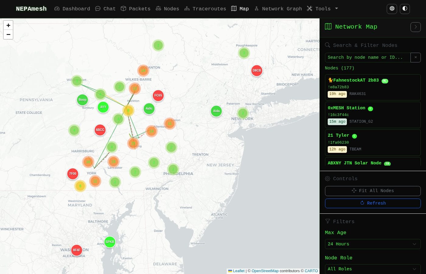 The map.nepamesh.com live map showing colored node markers spread across Northeastern Pennsylvania and neighboring states, with a sidebar listing individual nodes.