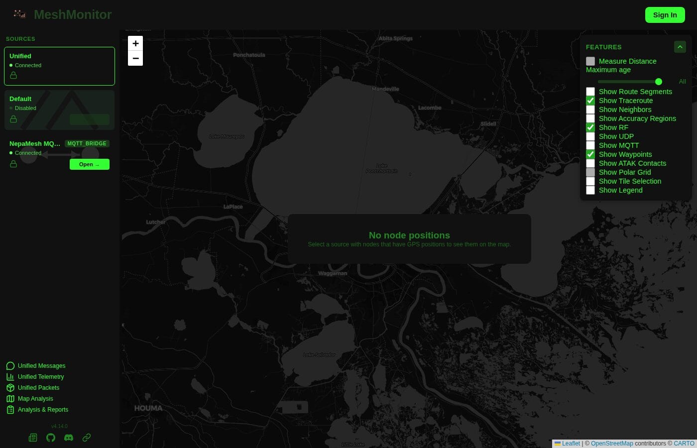 The MeshMonitor interface on monitor.nepamesh.com, showing the source panel, map controls, and analysis menu.