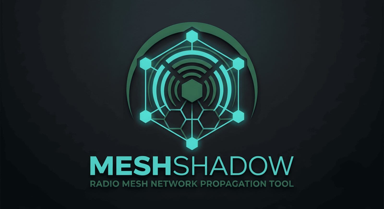 The MeshShadow logo: a teal hexagonal mesh network icon with radiating signal arcs, above the wordmark "MeshShadow, Radio Mesh Network Propagation Tool" on a dark background.