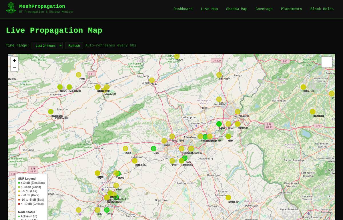 The MeshPropagation live map showing NEPAMesh nodes clustered around the Lehigh Valley and Wyoming Valley region, with no stray markers outside the service area.