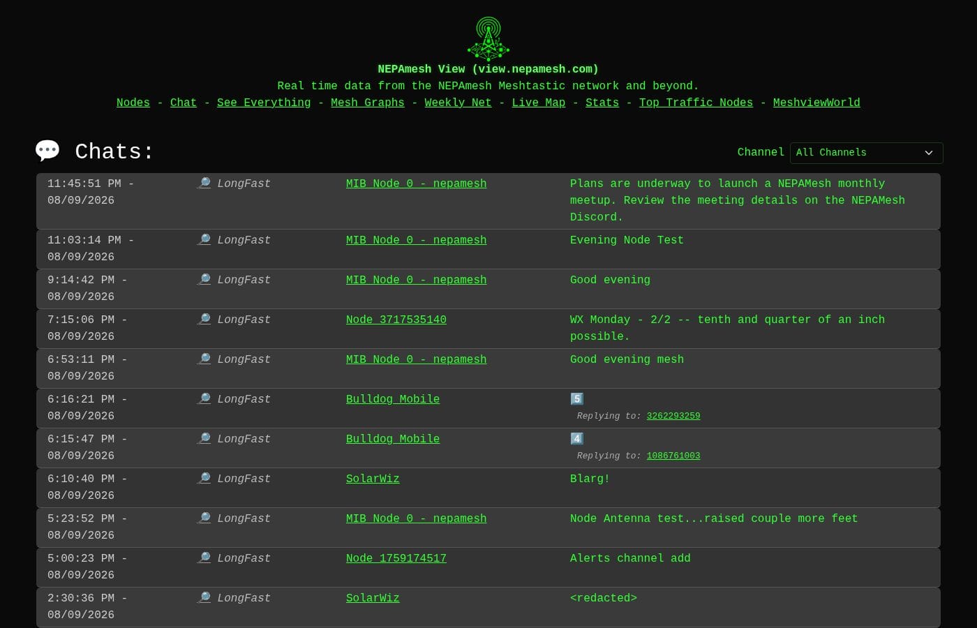 The Meshview chat feed on view.nepamesh.com, showing a list of recent LongFast channel messages with timestamps and sending node names.
