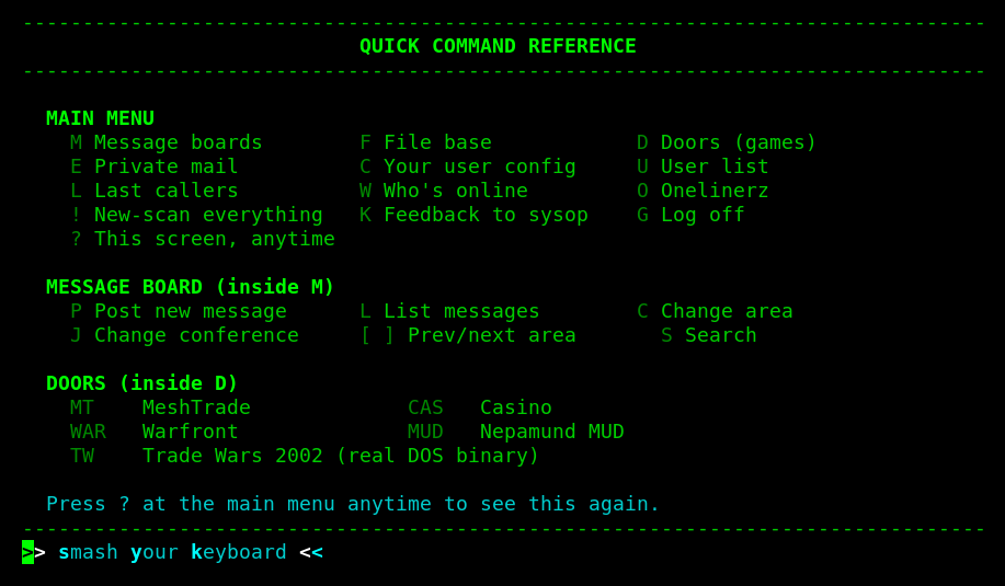 NEPAMesh BBS quick command reference screen listing main menu commands, message board commands, and door game commands