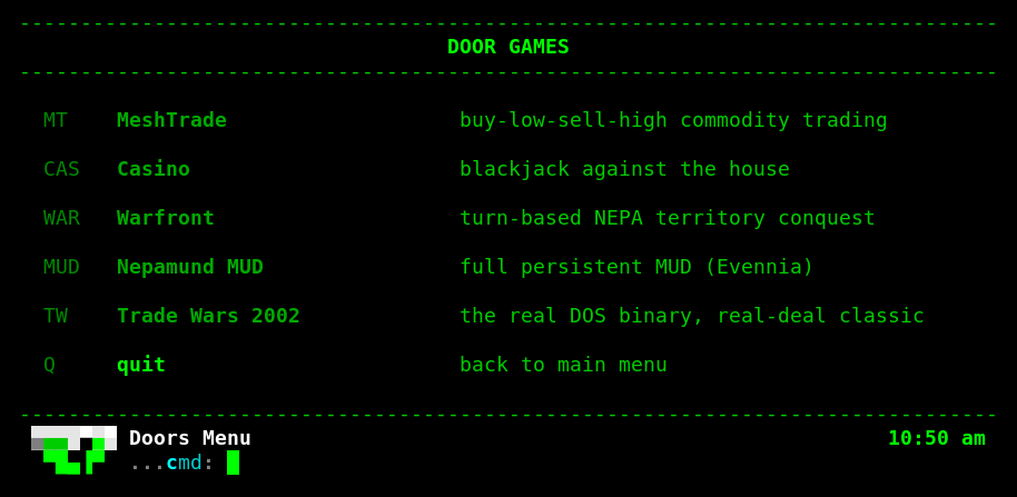 NEPAMesh BBS door games menu listing MeshTrade, Casino, Warfront, Nepamund MUD, and Trade Wars 2002