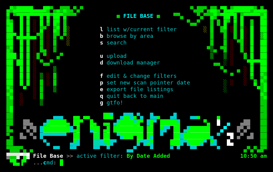 NEPAMesh BBS file base menu showing upload, download, browse, and search options