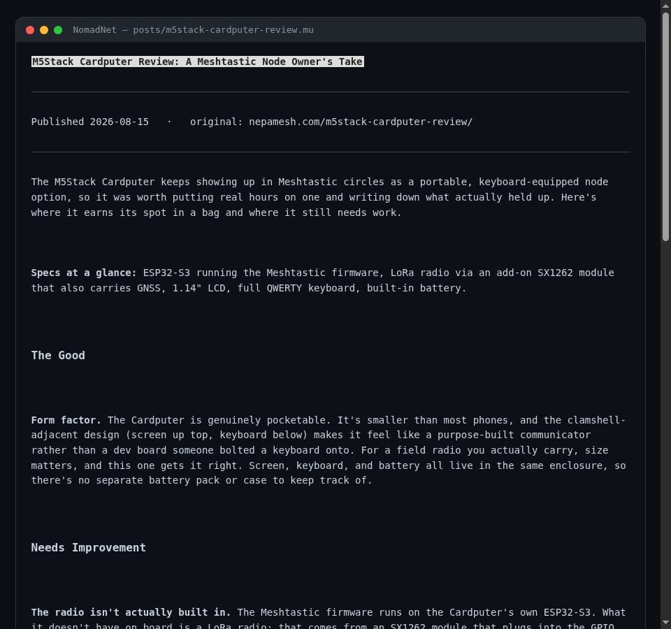 Terminal window showing the M5Stack Cardputer Review article rendered from Micron markup, with a bold title, publish date, and formatted section headings