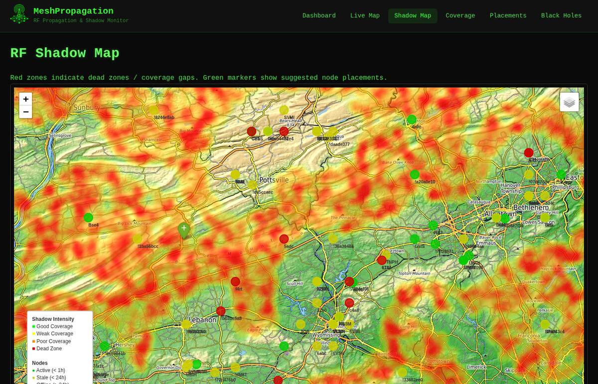 The propagation.nepamesh.com RF Shadow Map showing a color coded terrain heatmap in green, yellow, orange, and red over Northeastern Pennsylvania, with node markers overlaid.