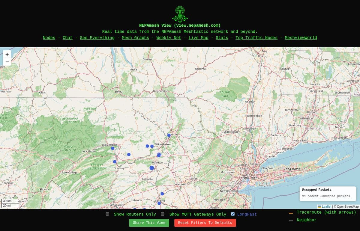 The view.nepamesh.com Live Map showing node markers and traceroute lines spanning a wide area of Pennsylvania, New York, and neighboring states.