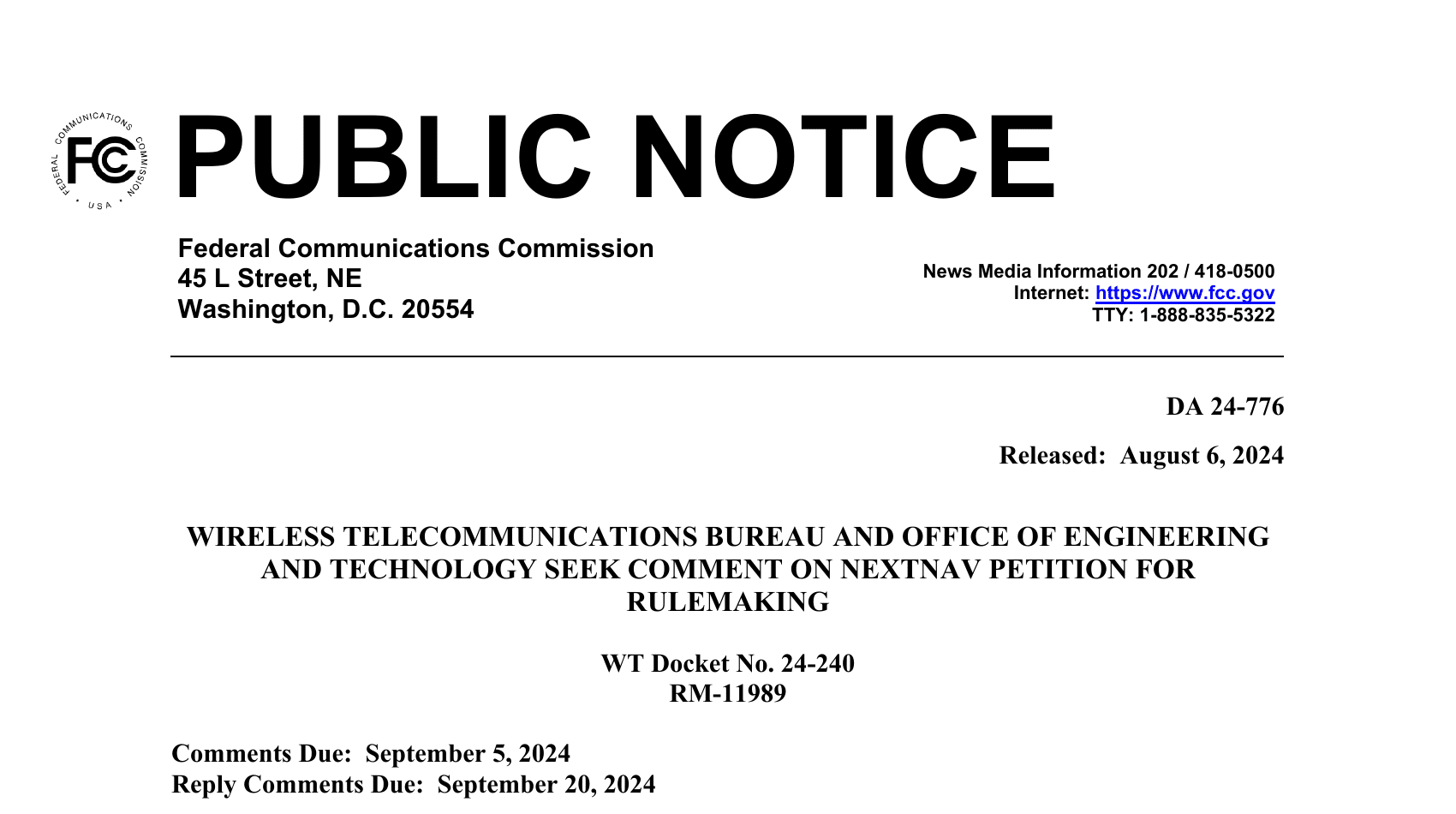 Header of FCC Public Notice DA 24-776, dated August 6, 2024, announcing the comment period on NextNav's petition for rulemaking under WT Docket No. 24-240 and RM-11989 to reconfigure the 902-928 MHz band