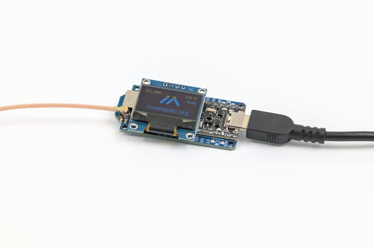 Meshtastic node based on the FakeTec board with OLED display, one of many hardware options for joining the mesh