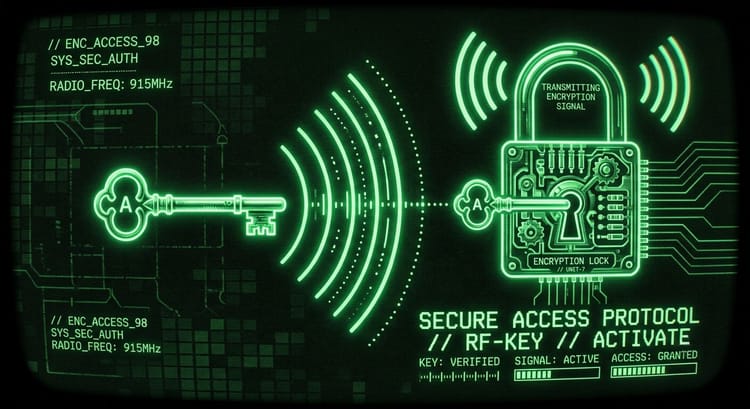 Stylized green-on-black illustration of a key transmitting radio waves to an encryption lock labeled RADIO_FREQ: 915MHz