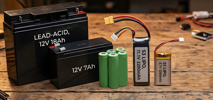 Assortment of battery types on a workbench: lead-acid 12V 18Ah, 12V 7Ah, 18650 lithium cells, LiPo packs, and a small 3.7V LiPo
