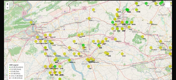 The NEPAMesh live map showing Meshtastic node markers scattered across the Wyoming Valley region of Northeastern Pennsylvania.