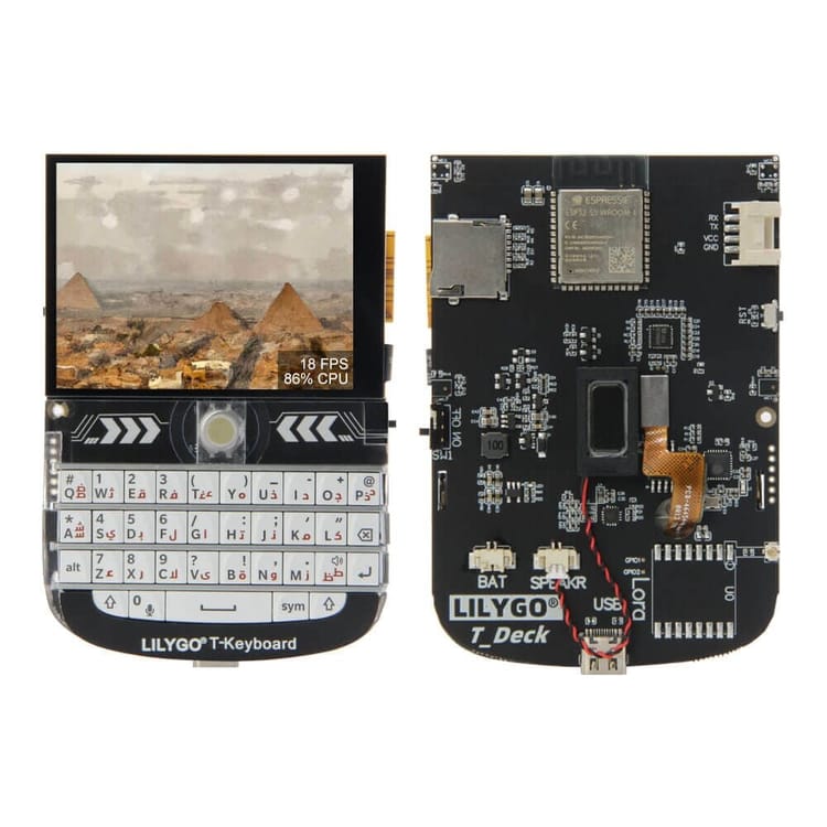 A LILYGO T-Deck handheld Meshtastic device shown from front and back, with its QWERTY keyboard, screen, and exposed ESP32 circuit board visible.
