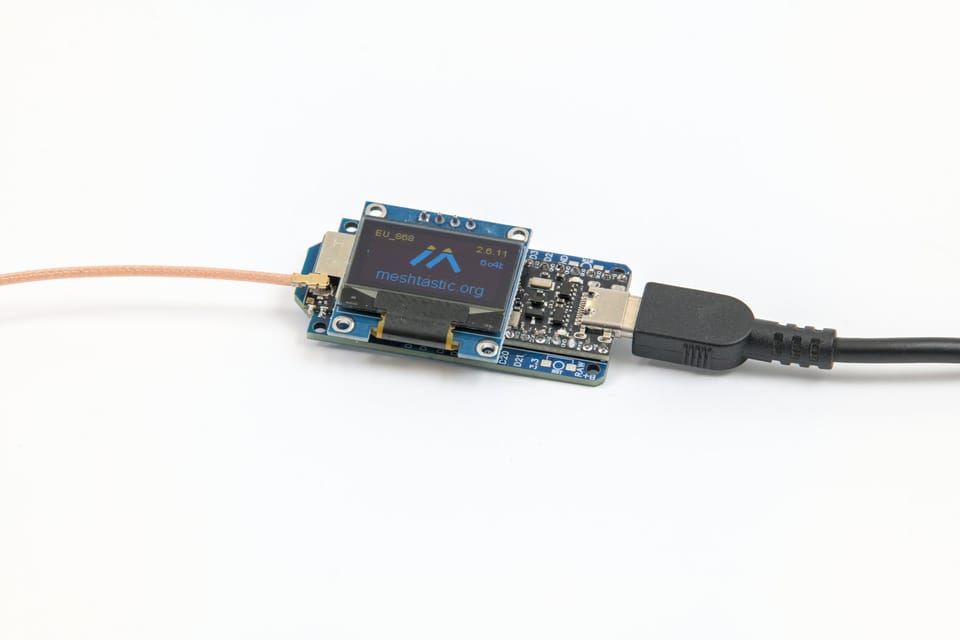 Meshtastic node based on the FakeTec board with OLED display, one of many hardware options for joining the mesh
