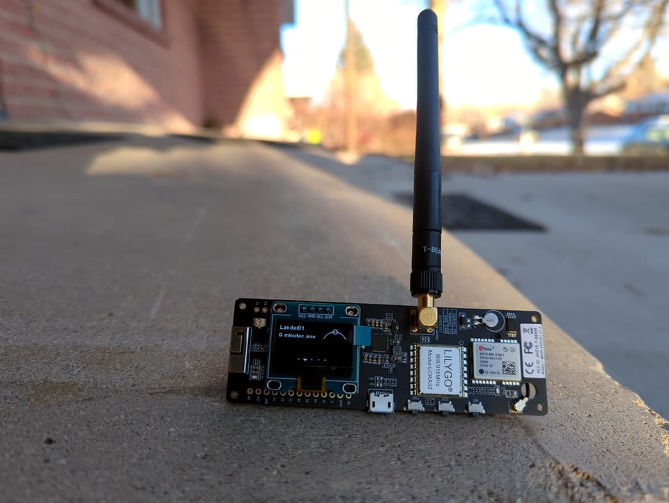 LILYGO T-Beam running Meshtastic in client mode on battery power