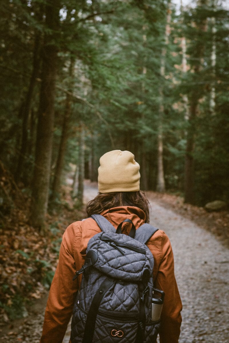 A hiker with a daypack walks down a forested trail.