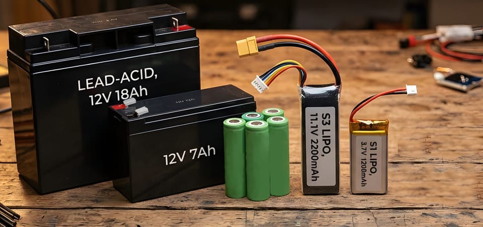 Assortment of battery types on a workbench: lead-acid 12V 18Ah, 12V 7Ah, 18650 lithium cells, LiPo packs, and a small 3.7V LiPo