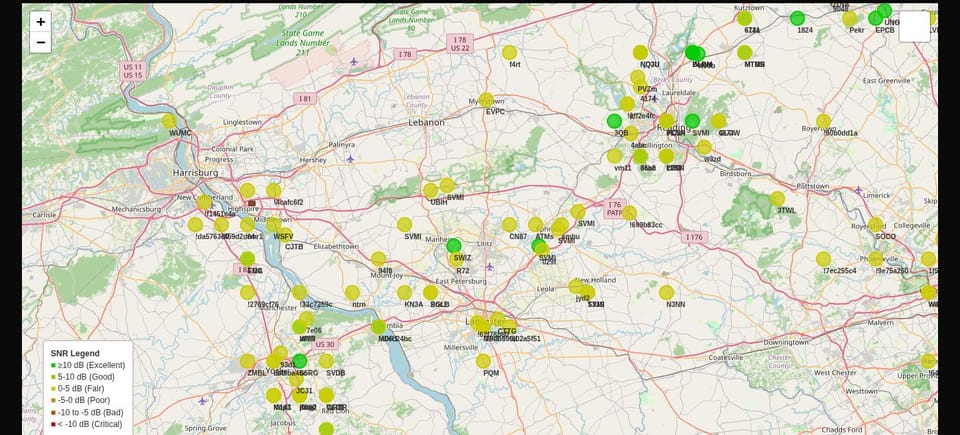 The NEPAMesh live map showing Meshtastic node markers scattered across the Wyoming Valley region of Northeastern Pennsylvania.