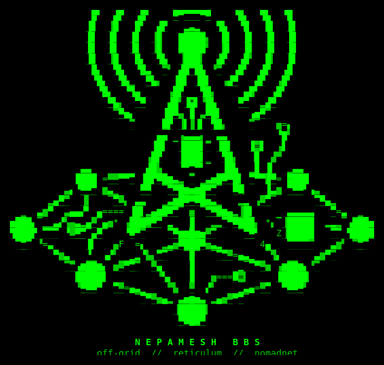NEPAMesh BBS welcome screen showing a green ASCII art radio tower and mesh node network on black background