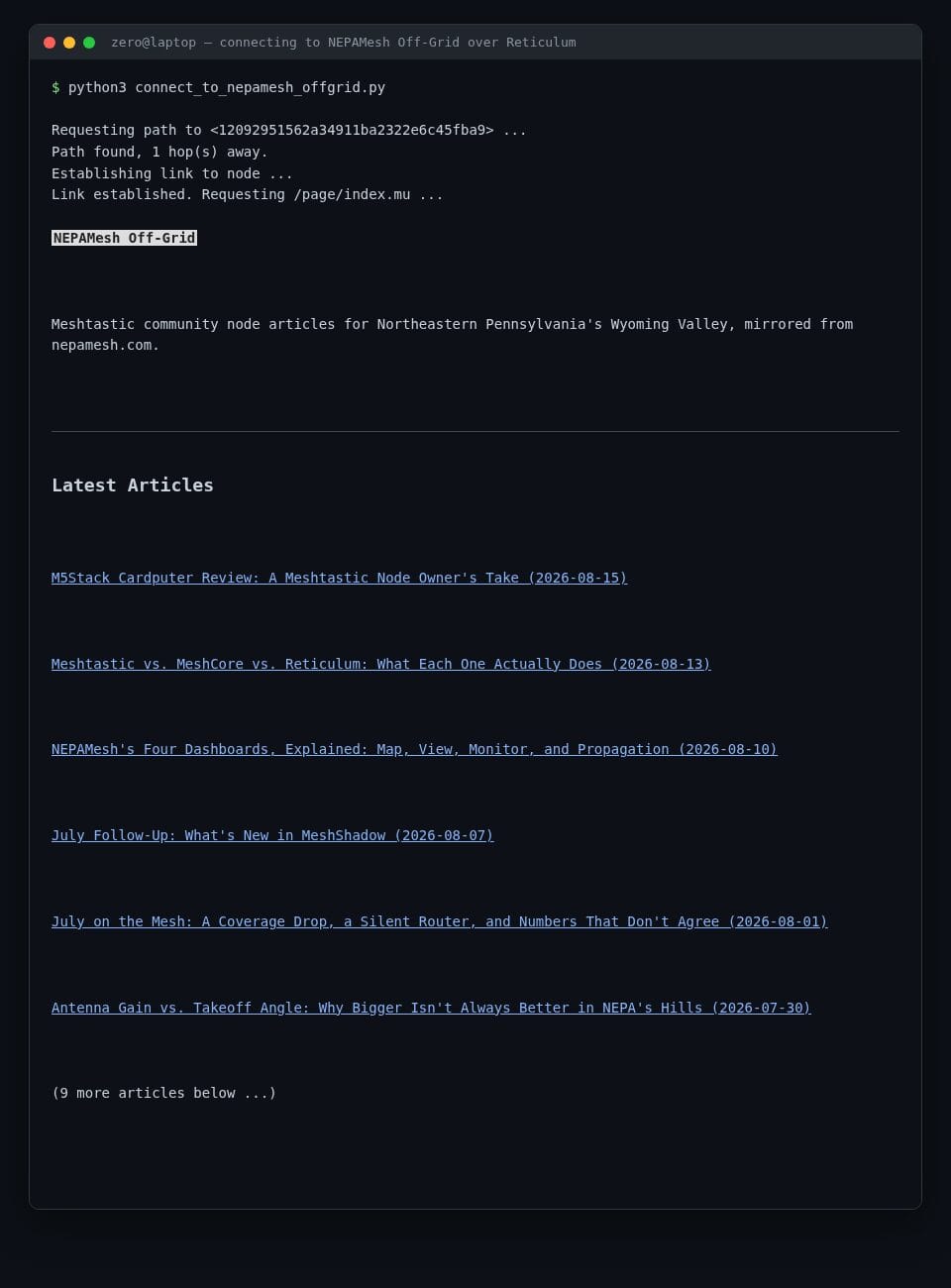 Terminal window showing a Python script establishing a Reticulum link to the NEPAMesh Off-Grid node and printing its rendered index page, listing the six most recent mirrored articles